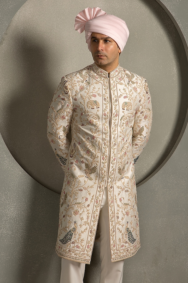 Ivory Raw Silk Hand Embroidered Groom Sherwani Set by Line by Shamim Khan at Pernia's Pop Up Shop