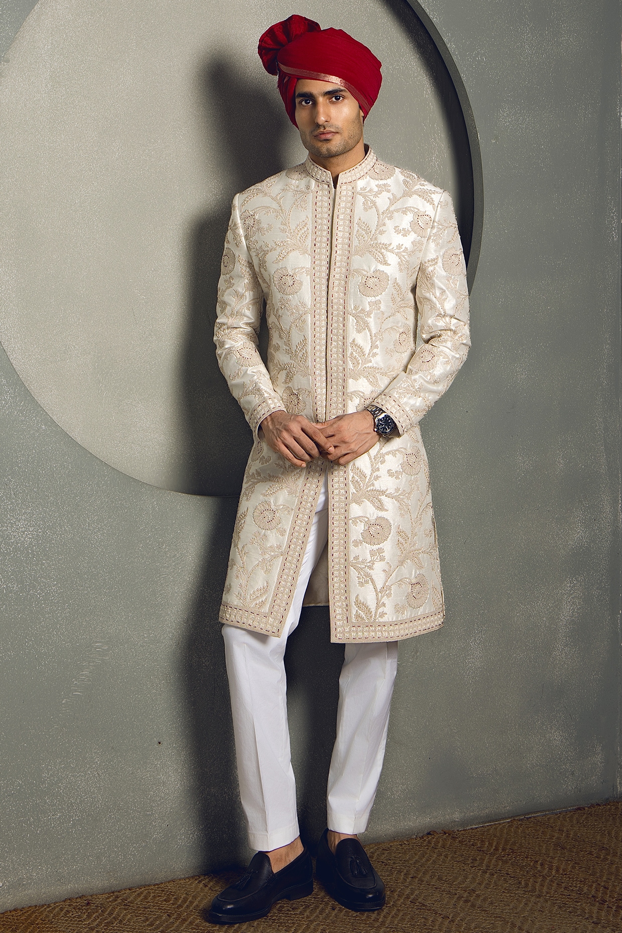 Line by Shamim Khan Ivory Raw Silk Hand Embroidered Sherwani Set