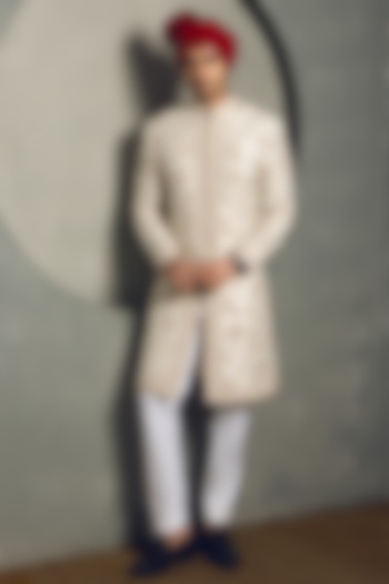 Ivory Raw Silk Hand Embroidered Groom Sherwani Set by Line by Shamim Khan at Pernia's Pop Up Shop