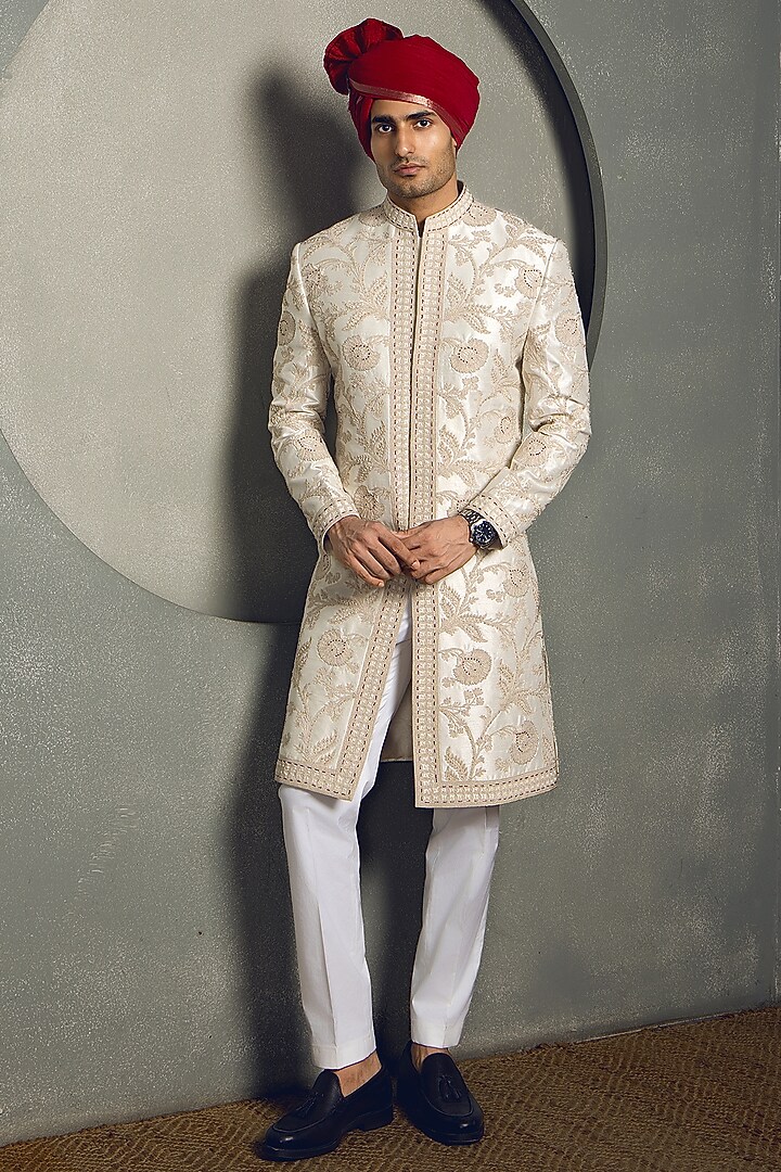 Ivory Raw Silk Hand Embroidered Groom Sherwani Set by Line by Shamim Khan at Pernia's Pop Up Shop