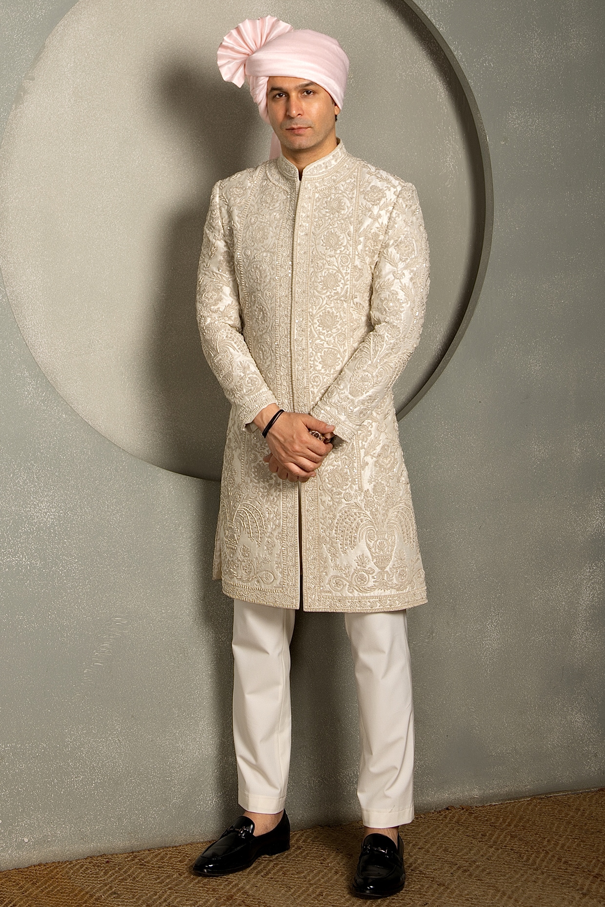 Line by Shamim Khan Ivory Raw Silk Dori Embroidered Sherwani Set