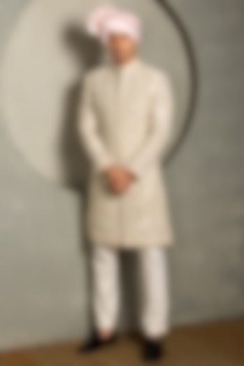 Ivory Raw Silk Dori Embroidered Groom Sherwani Set by Line by Shamim Khan at Pernia's Pop Up Shop