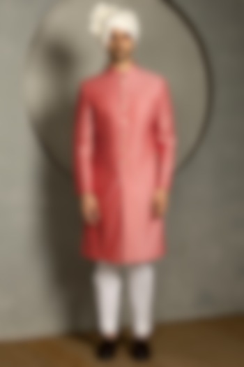 Redish Raw Silk Groom Sherwani Set by Line by Shamim Khan at Pernia's Pop Up Shop