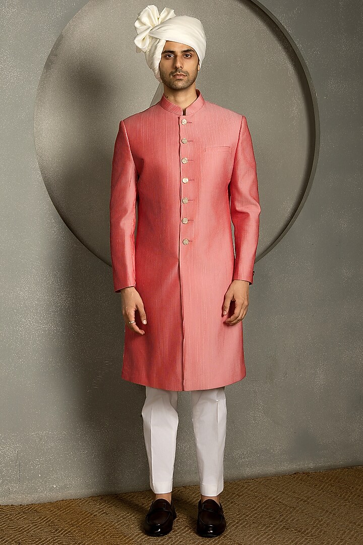 Redish Raw Silk Groom Sherwani Set by Line by Shamim Khan at Pernia's Pop Up Shop