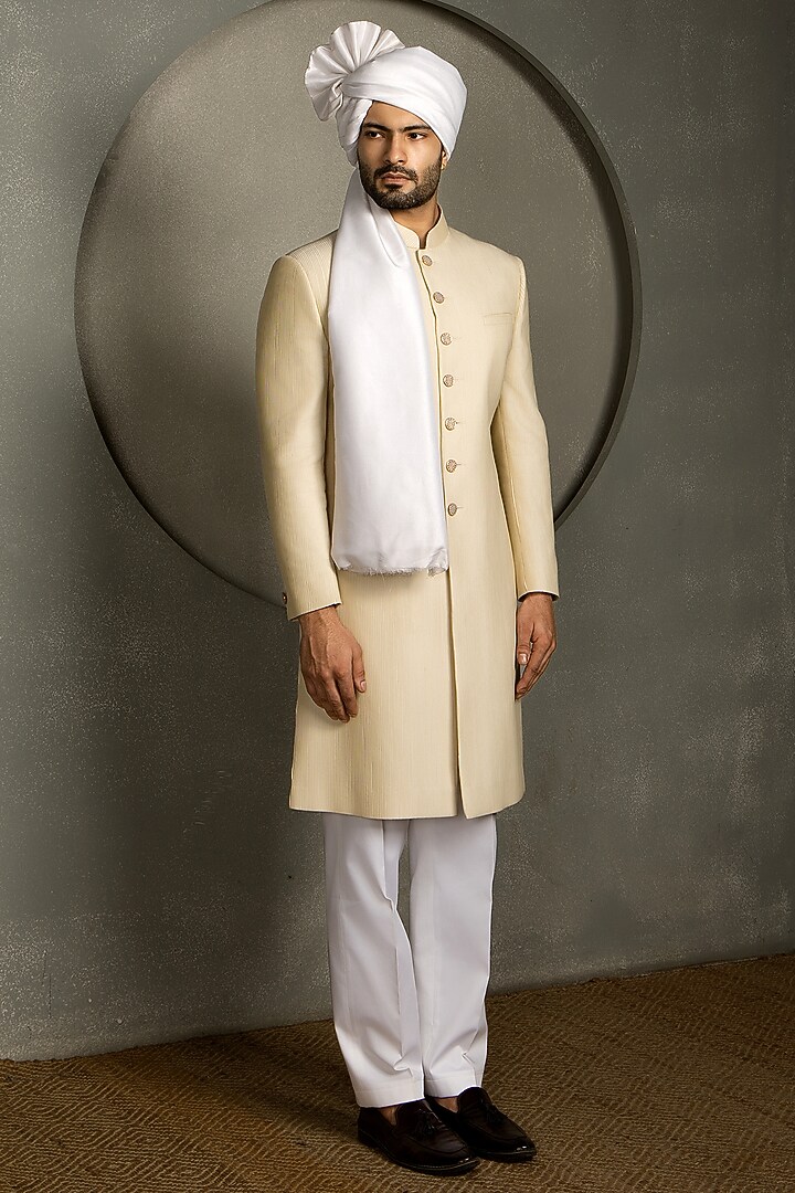Ivory Raw Silk Groom Sherwani Set by Line by Shamim Khan at Pernia's Pop Up Shop