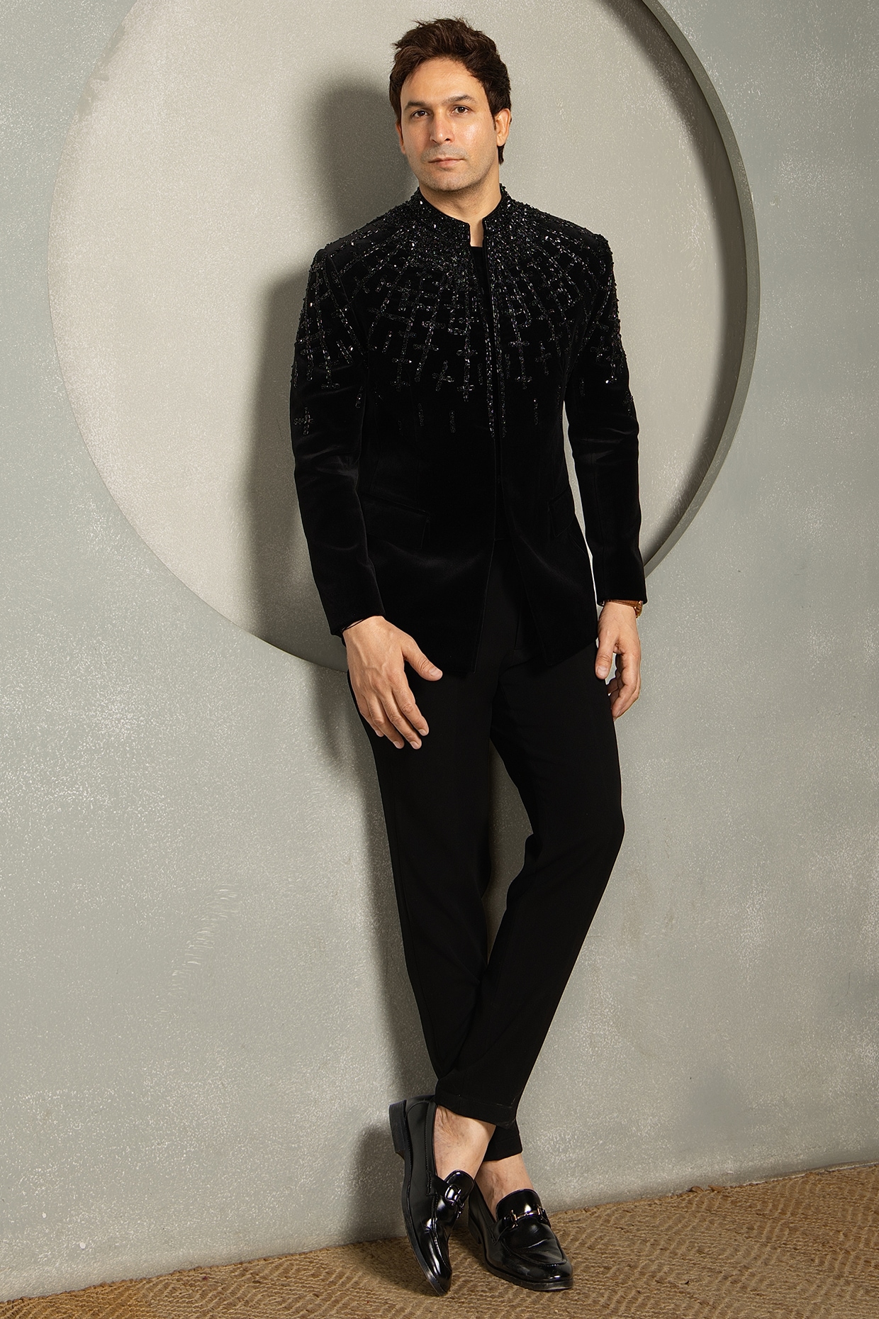 Line by Shamim Khan Black Velvet Bandhgala Set