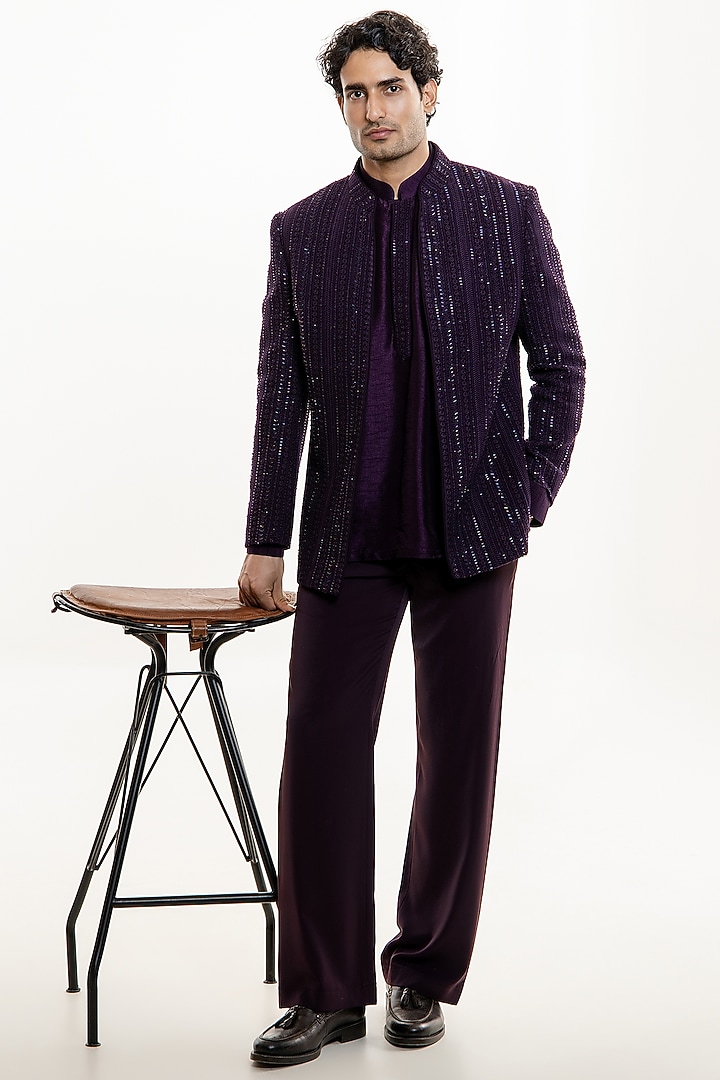 Dark Violet Jacquard Groom Bandhgala Set by Line by Shamim Khan at Pernia's Pop Up Shop
