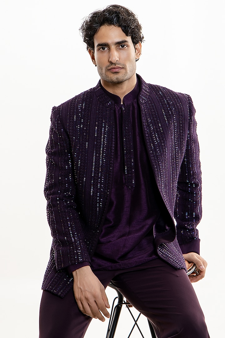 Dark Violet Jacquard Groom Bandhgala Set by Line by Shamim Khan at Pernia's Pop Up Shop