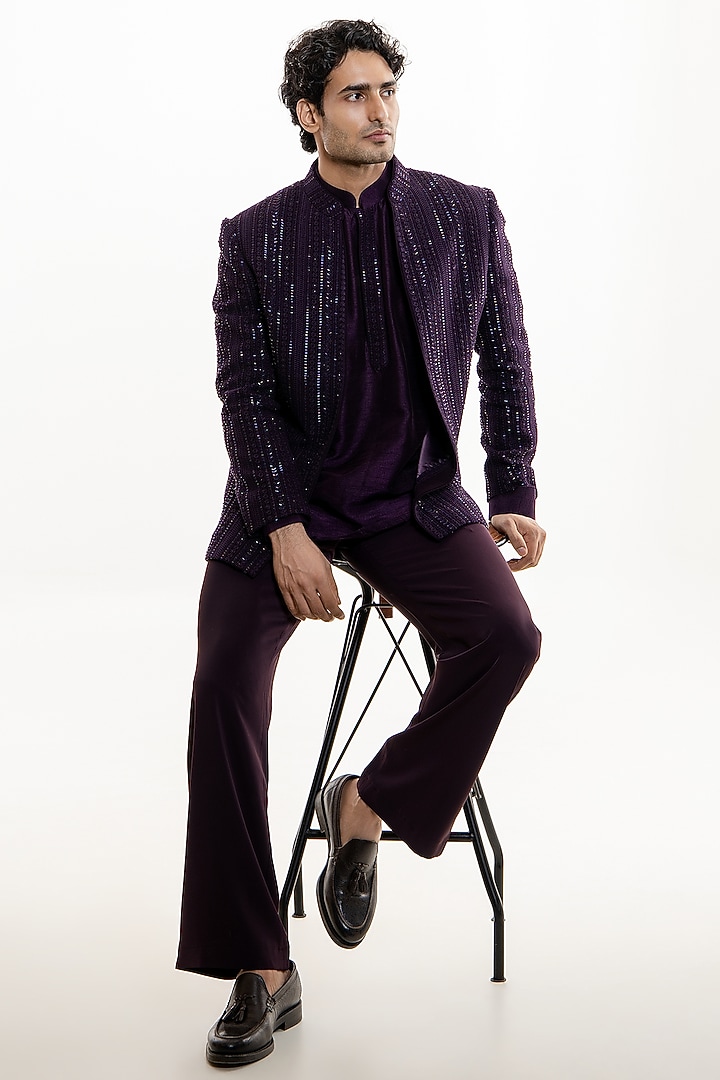 Dark Violet Jacquard Groom Bandhgala Set by Line by Shamim Khan at Pernia's Pop Up Shop