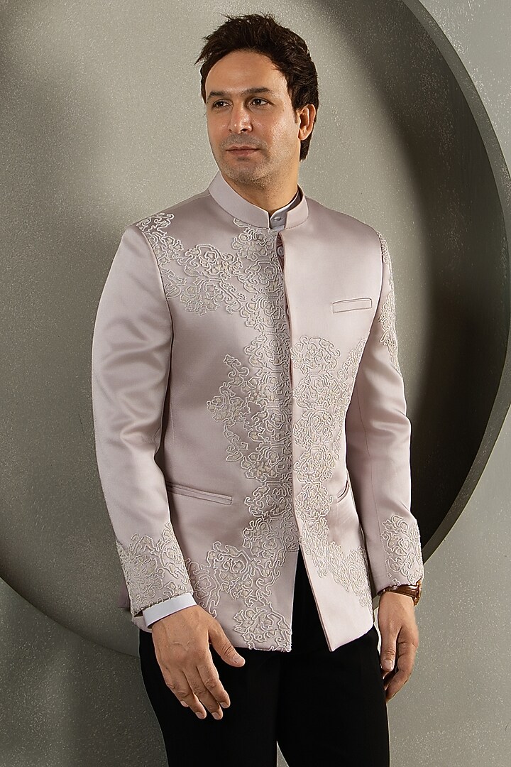 Pastel Lavender Satin Silk Hand Embroidered Wedding Bandhgala Set by Line by Shamim Khan at Pernia's Pop Up Shop