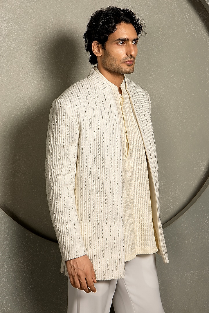 Ivory Jacquard Hand Embroidered Open Wedding Bandhgala Set by Line by Shamim Khan at Pernia's Pop Up Shop