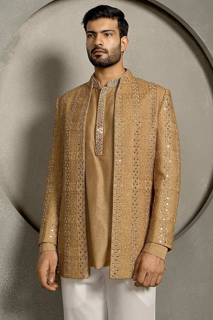 Ivory Jacquard Mirror Embroidered Open Wedding Bandhgala Set by Line by Shamim Khan at Pernia's Pop Up Shop