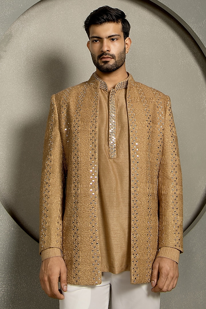Ivory Jacquard Mirror Embroidered Open Wedding Bandhgala Set by Line by Shamim Khan at Pernia's Pop Up Shop