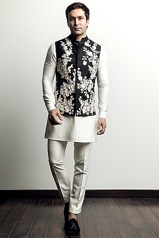 Black Raw Silk Floral Embroidered Nehru Jacket Set by Line by Shamim Khan