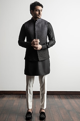 Black Ombre Cotton Blend Embellished Nehru Jacket Set by Line by Shamim Khan