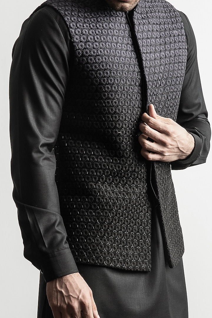 Black Ombre Cotton Blend Embellished Nehru Jacket Set by Line by Shamim Khan at Pernia's Pop Up Shop