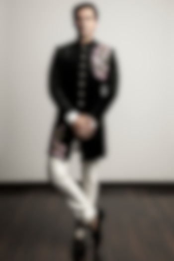 Black Floral Embroidered Indo-Western Set by Line by Shamim Khan at Pernia's Pop Up Shop