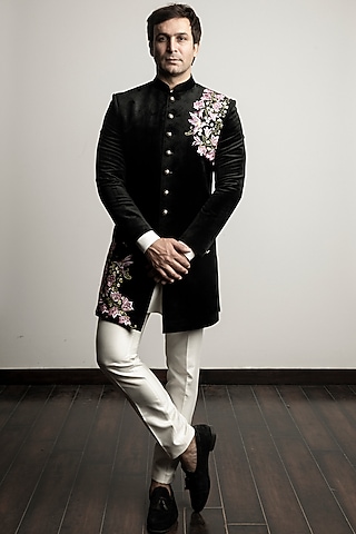 Black Floral Embroidered Indo-Western Set by Line by Shamim Khan