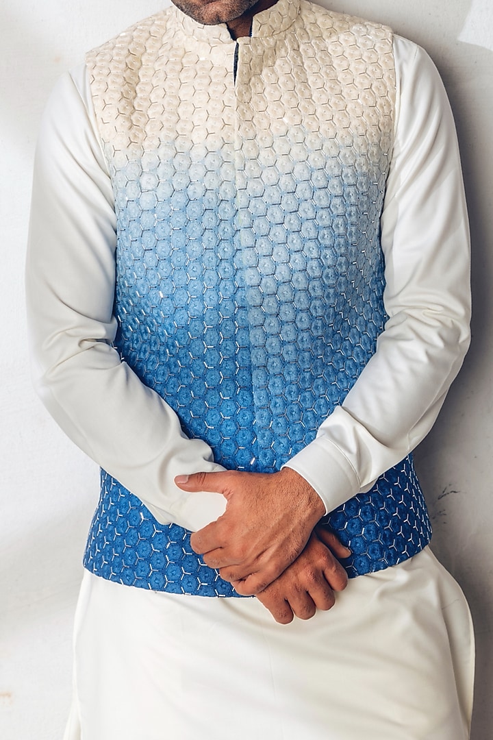 Blue Cotton Silk Machine & Hand Embroidered Ombre Nehru Jacket Set by Line by Shamim Khan at Pernia's Pop Up Shop