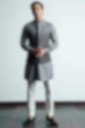 Dark Grey Ombre Embellished Nehru Jacket With Kurta Set by Line by Shamim Khan