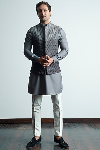 Dark Grey Ombre Embellished Nehru Jacket With Kurta Set by Line by Shamim Khan