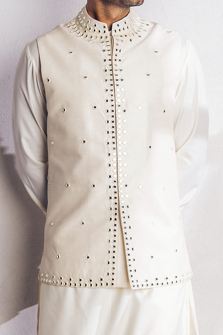 Ivory Raw Silk Mirror Work Nehru Jacket Set by Line by Shamim Khan at Pernia's Pop Up Shop