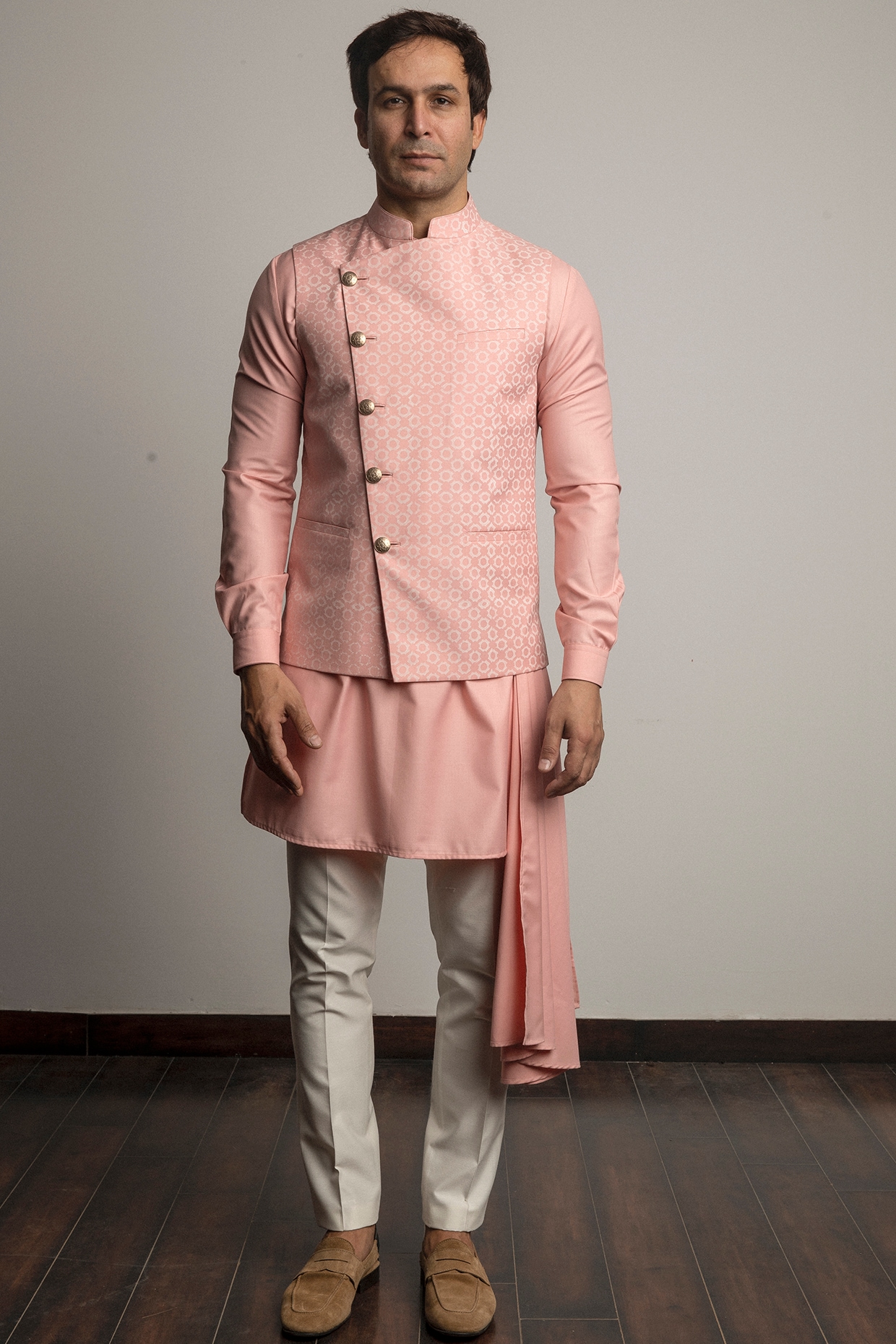 Light Pink Printed Nehru Jacket With Kurta Set by Line by Shamim Khan at Pernia s Pop Up Shop 2024