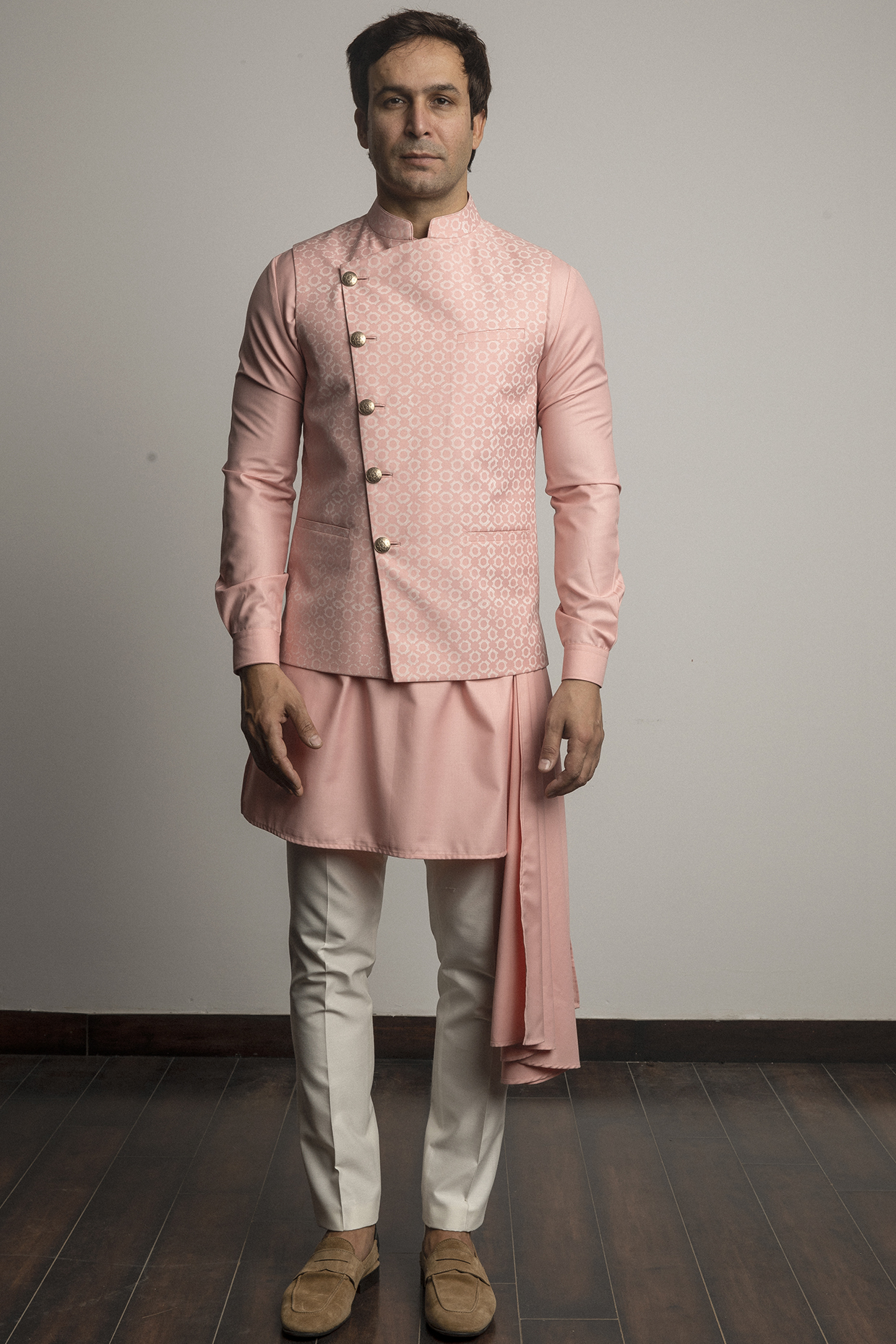 Light Pink Printed Nehru Jacket With Kurta Set by Line by Shamim Khan at Pernia's Pop Up Shop