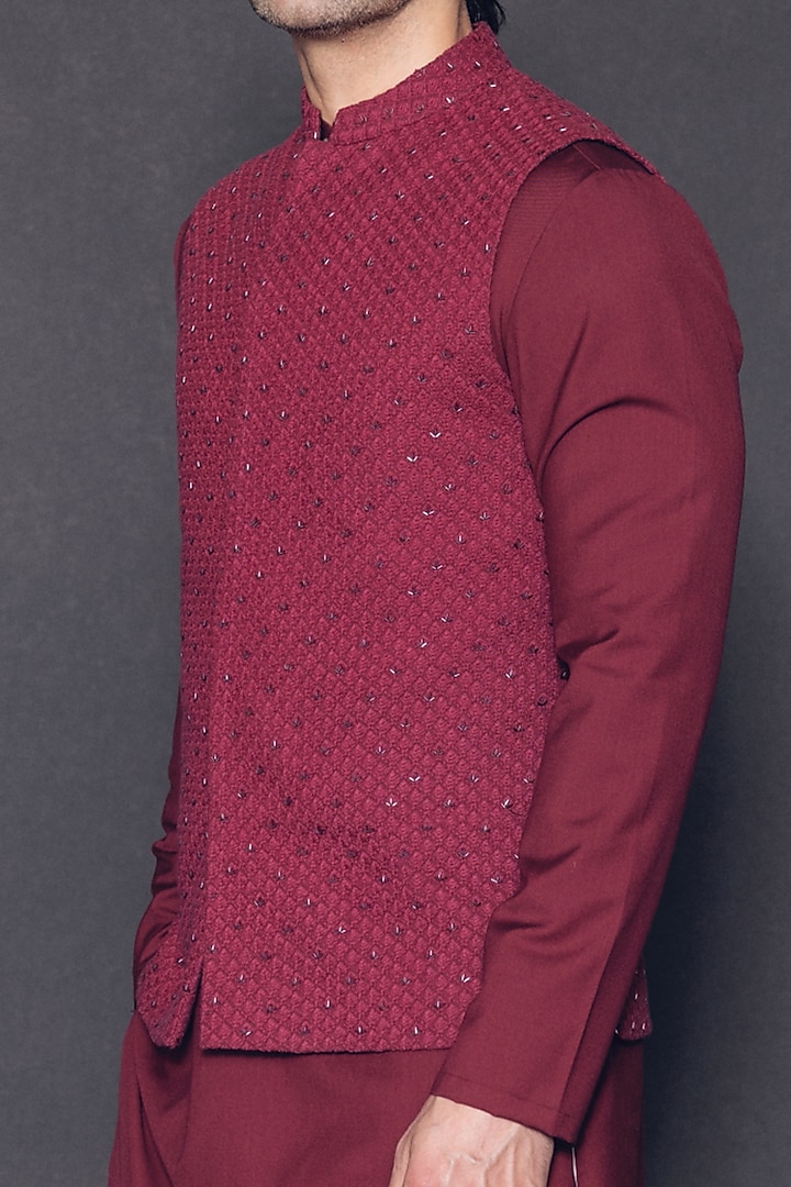Maroon Georgette Hand Embroidered Nehru Jacket Set by Line by Shamim Khan at Pernia's Pop Up Shop