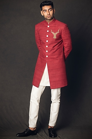 Maroon Embroidered Indo-Western Set by Line by Shamim Khan