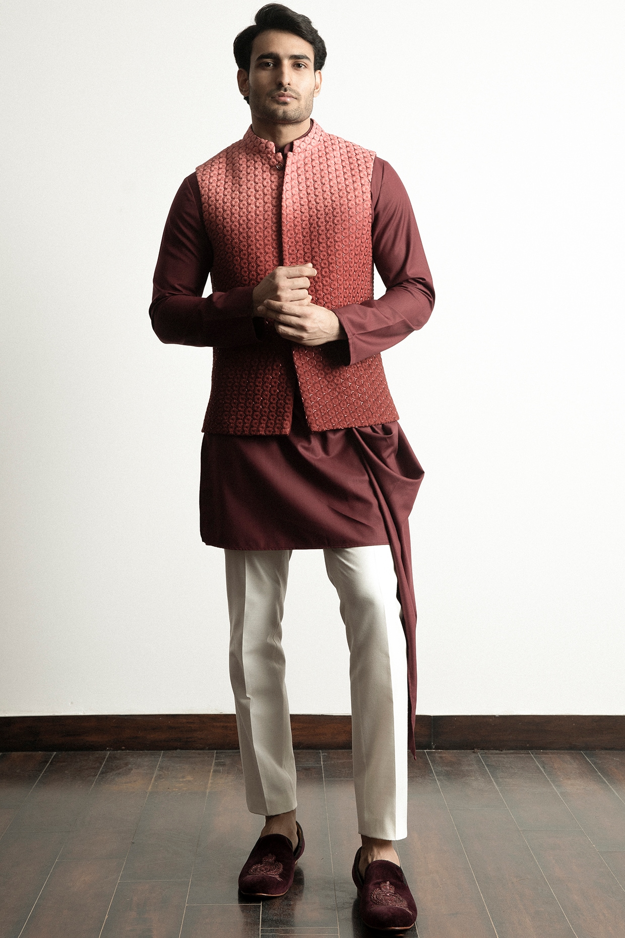 Maroon Tie And Dye Nehru Jacket With Kurta And Pant - Babeehive