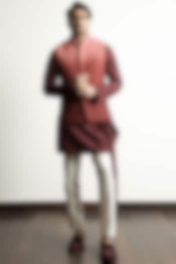 Maroon Ombre Embroidered Nehru Jacket With Kurta Set by Line by Shamim Khan