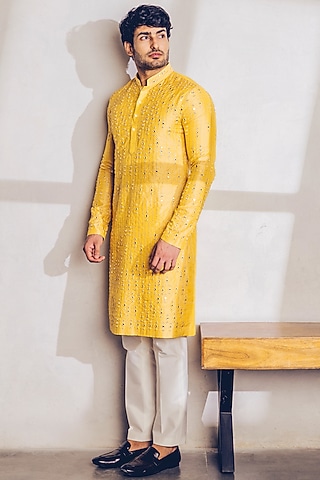 Mustard Embellished Kurta Set by Line by Shamim Khan