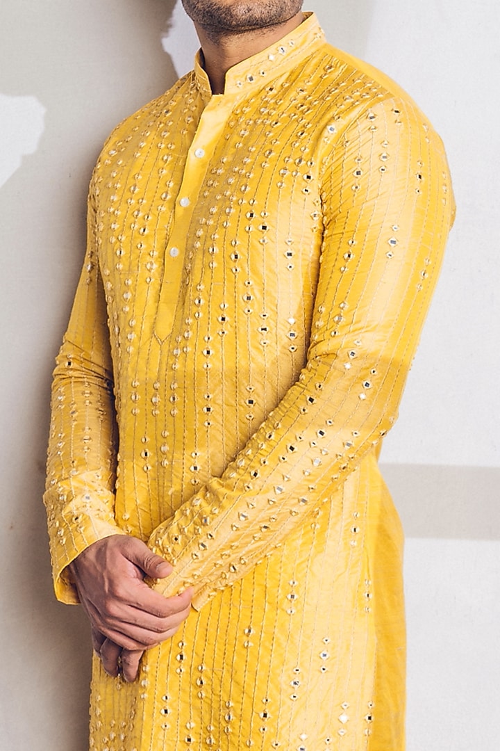 Mustard Embellished Kurta Set by Line by Shamim Khan at Pernia's Pop Up Shop