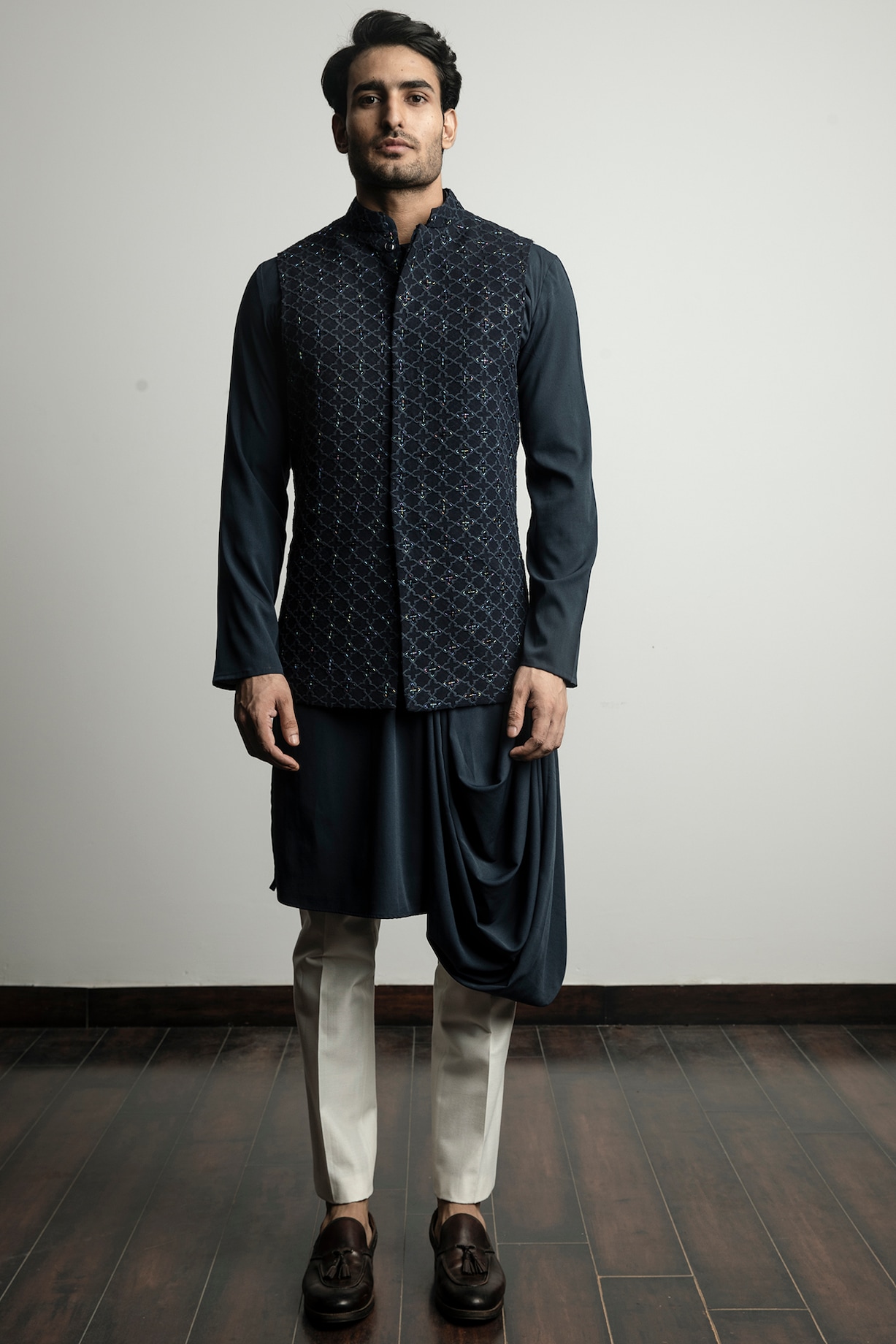 Kurta Pajama Nehru Jacket With Jeans Combination Navy Blue