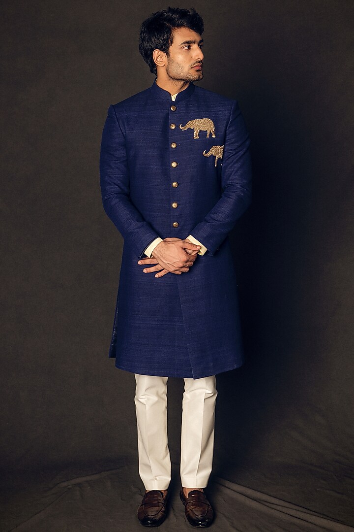 Navy Blue Embroidered Indo-Western Set by Line by Shamim Khan at Pernia's Pop Up Shop