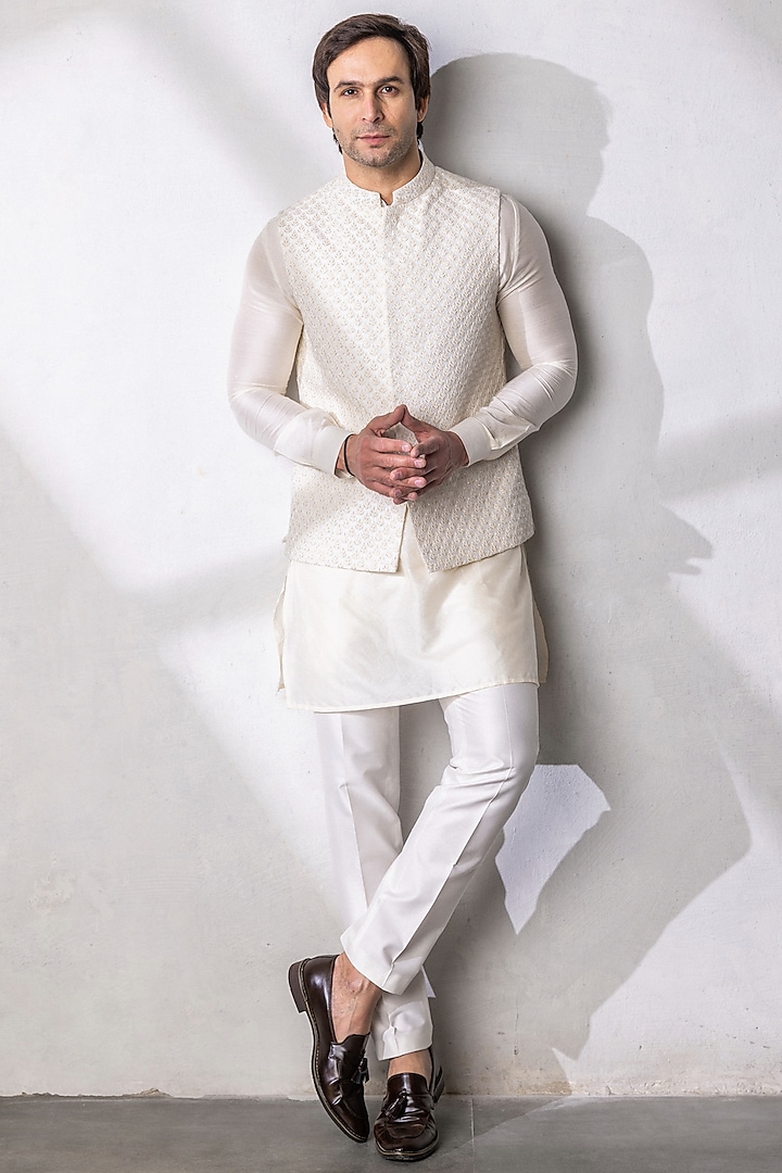 Off-White Embroidered Nehru Jacket With Kurta Set by Line by Shamim Khan