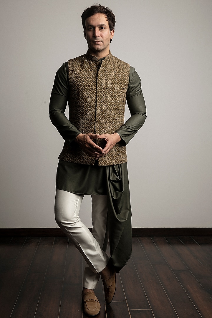 Olive Green Embellished Nehru Jacket With Kurta Set by Line by Shamim Khan at Pernia's Pop Up Shop