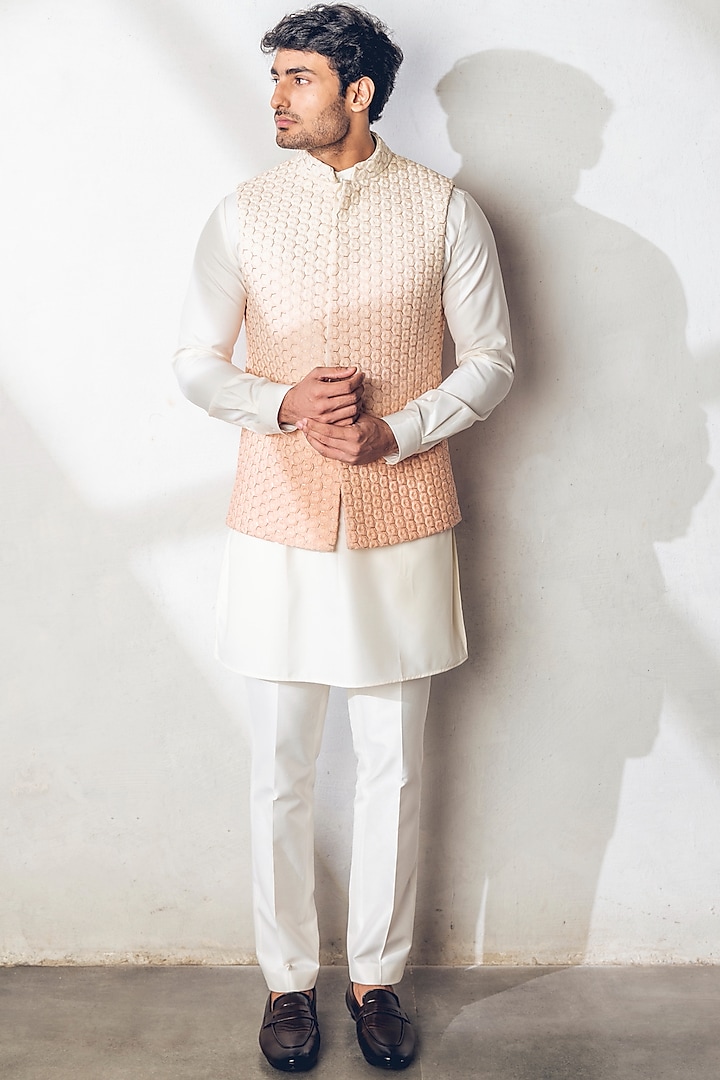 Peach Ombre Georgette Nehru Jacket With Kurta Set by Line by Shamim Khan