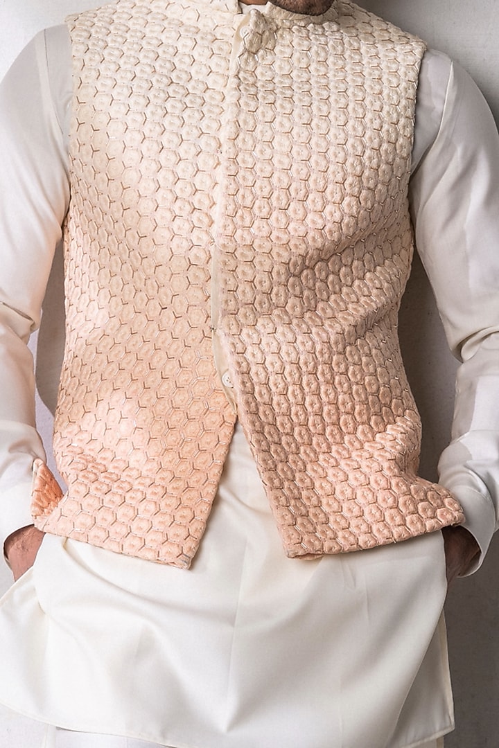 Peach Ombre Georgette Nehru Jacket Set by Line by Shamim Khan at Pernia's Pop Up Shop