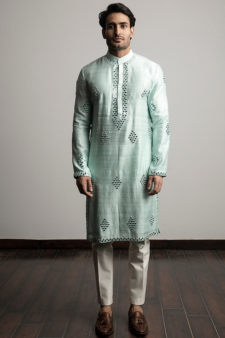 Sea Green Raw Silk Mirror Work Kurta Set by Line by Shamim Khan at Pernia's Pop Up Shop