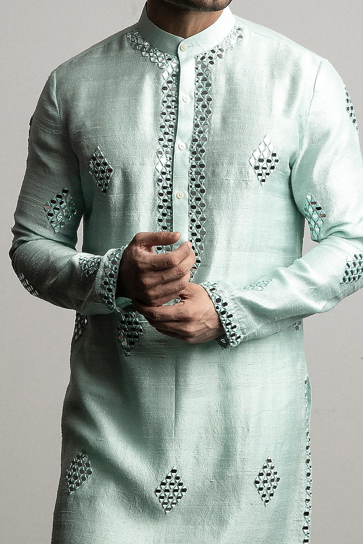 Sea Green Raw Silk Mirror Work Kurta Set by Line by Shamim Khan at Pernia's Pop Up Shop
