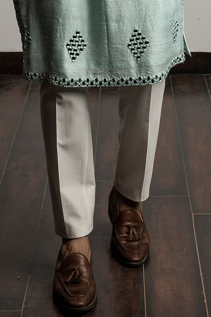Sea Green Raw Silk Mirror Work Kurta Set by Line by Shamim Khan at Pernia's Pop Up Shop
