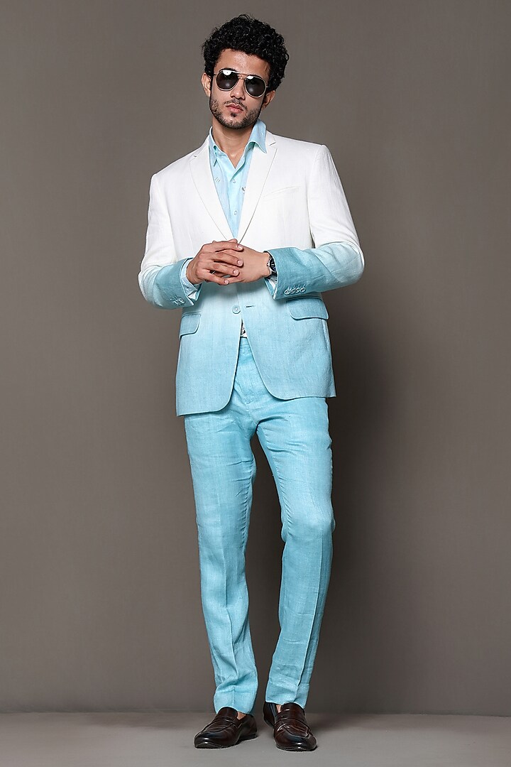 Powder Blue & Ivory Ombre Linen Silk Blazer Set by Line by Shamim Khan at Pernia's Pop Up Shop