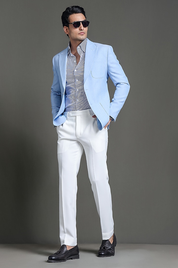 Powder Blue Linen Silk Blazer Set by Line by Shamim Khan at Pernia's Pop Up Shop