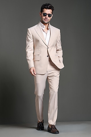 Beige Wool Blazer Set by Line by Shamim Khan