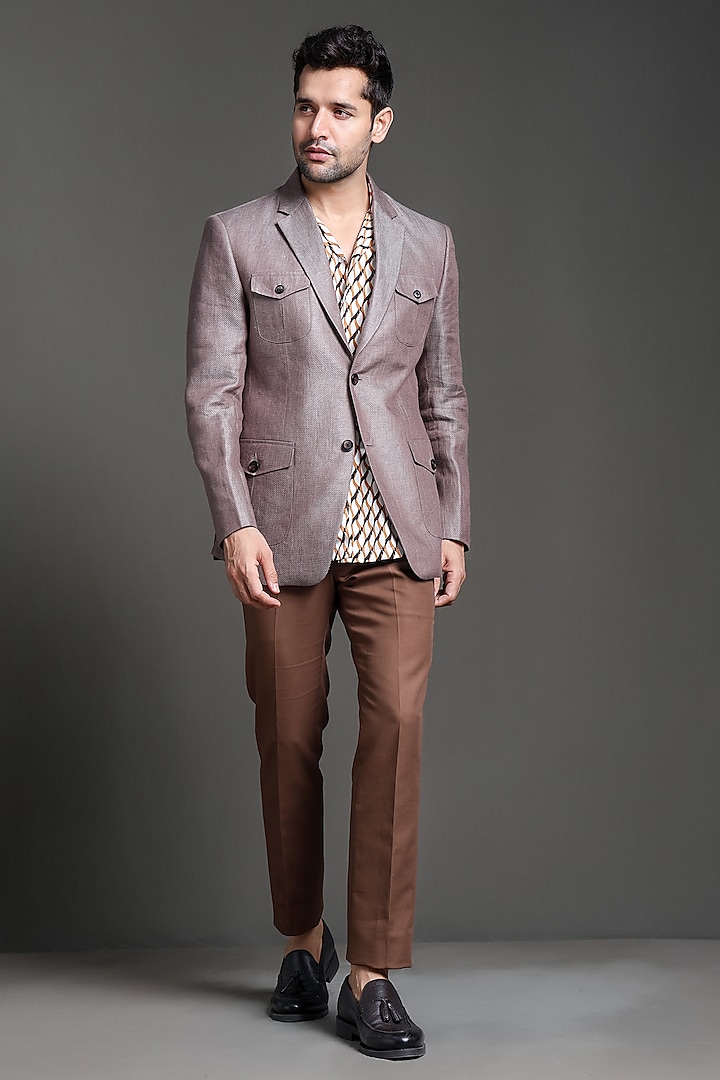 Metallic Brown Linen Silk Blazer Set by Line by Shamim Khan at Pernia's Pop Up Shop