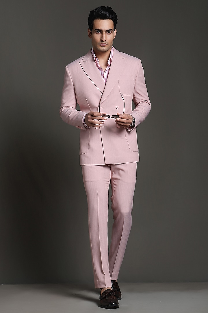 Peachy Pink Wool Double-Breasted Jacket Set by Line by Shamim Khan