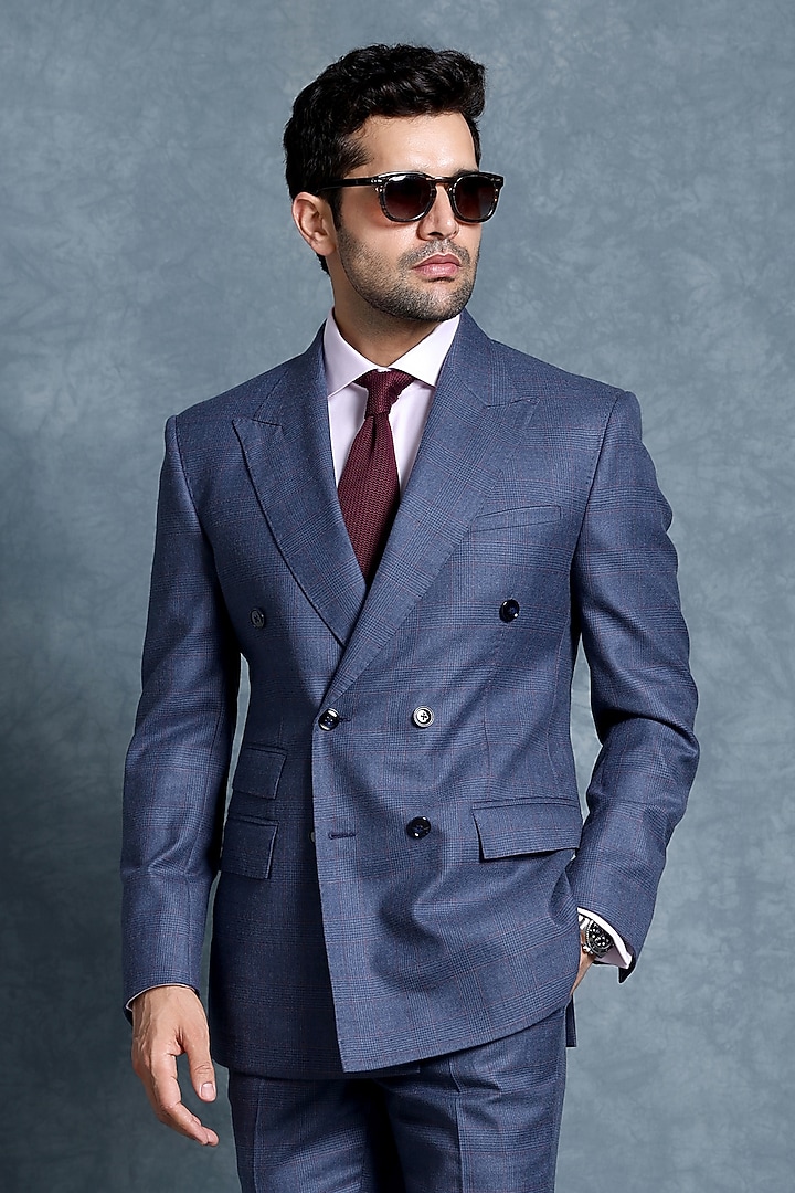 Blue Wool Double-Breasted Jacket Set by Line by Shamim Khan at Pernia's Pop Up Shop