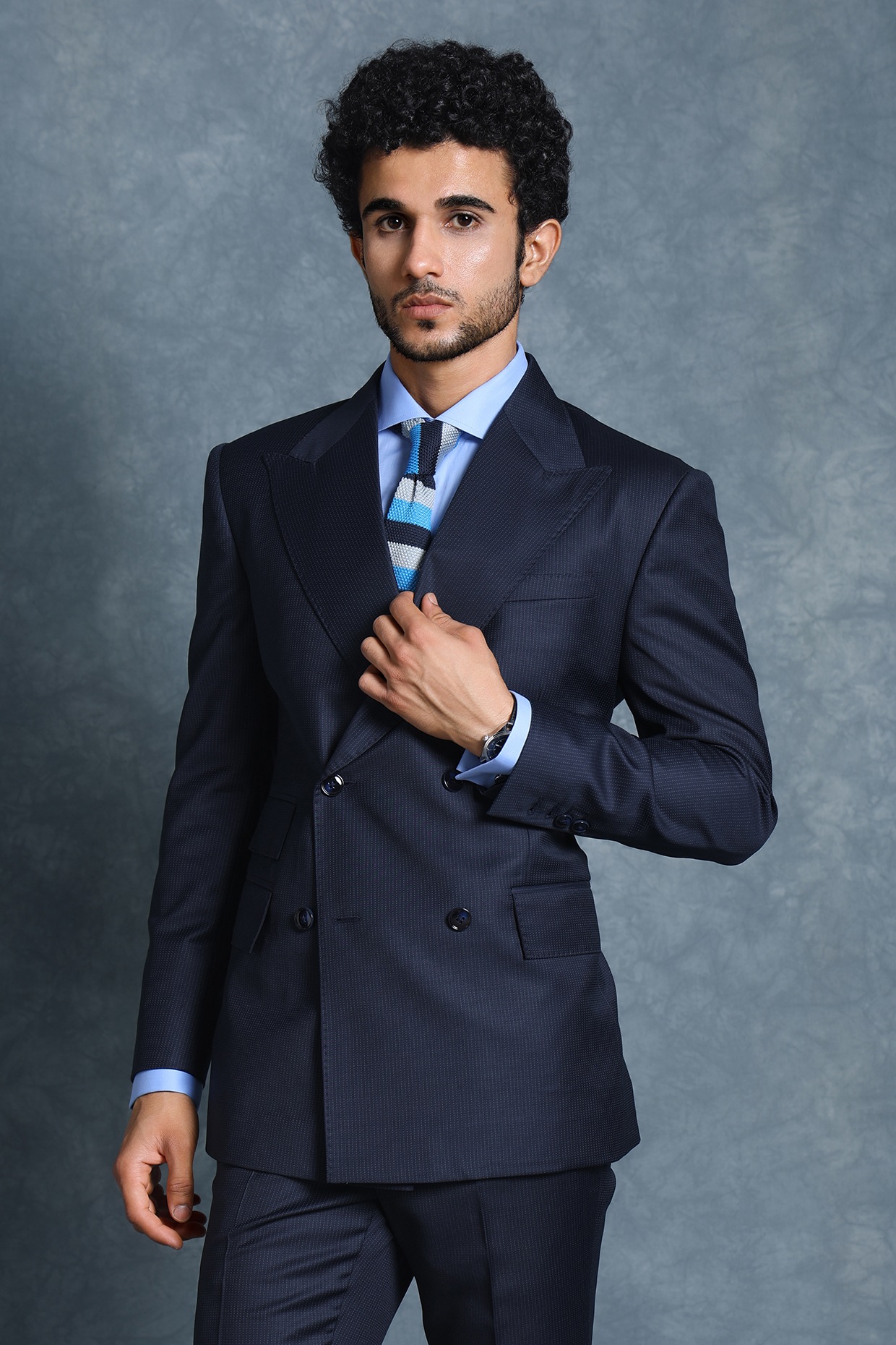 Dark Blue Wool Double-Breasted Jacket Set by Line by Shamim Khan Dark Blue Wool Double-Breasted Jacket Set by Line by Shamim Khan
